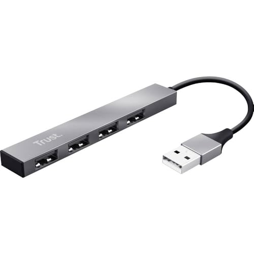 Trust Halyx 4 Port Mini USB Hub for PC Laptop Mac, Silver | Aluminium Lightweight Data Hub, Slim Portable USB 2.0 Splitter