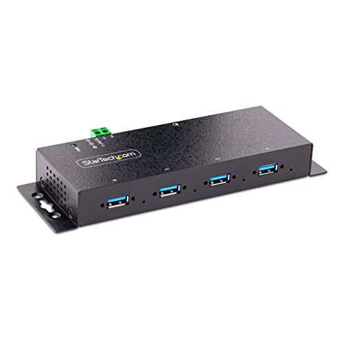 StarTech 4-Port Industrial USB 3.0 Hub 5Gbps, TAA (5G4AINDNP-USB-A-HUB) | 4x USB-A ports, ESD protection, DIN wall and desk mountable, Locking ports, Terminal block 5-24V DC