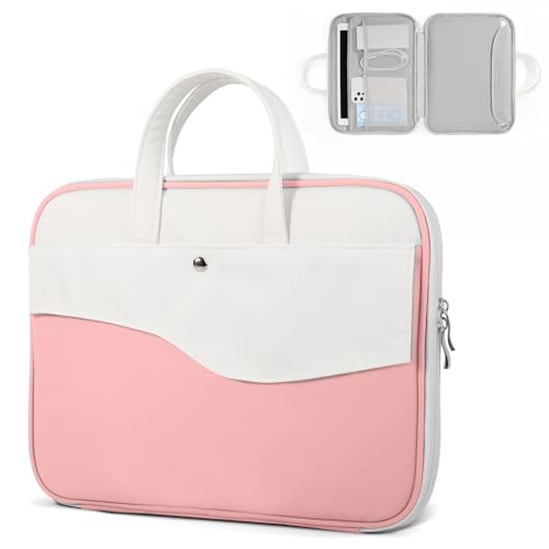 DTTO 15.6" Laptop Sleeve, TSA Friendly PU Leather Case, Pink White | Waterproof Laptop Computers Bag with Handle for 16" MacBook Pro,15"-16" HP Dell Asus, Shockproof Protection for Travel - color: Pink White, size: 15.6 Inch