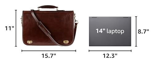 Time Resistance Leather Briefcase for Men - Italian Full Grain Leather Laptop Bag - Messenger Bag - Gift Box Included - color: Dark Brown