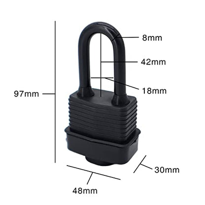 SafiSwords Waterproof Padlocks Keyed Alike for Outdoor use, Covered Heavy Duty Laminated Steel Lock, 1-9/16 Inch. Wide, Long Padlock, Pack of 6