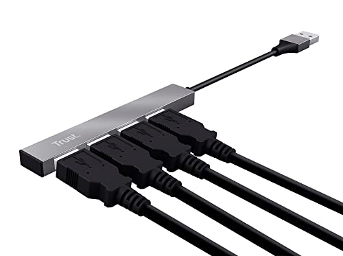 Trust Halyx 4 Port Mini USB Hub for PC Laptop Mac, Silver | Aluminium Lightweight Data Hub, Slim Portable USB 2.0 Splitter