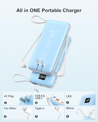 Portable Charger 10000mAh Power Bank w/Built-in 3 Cables & AC Wall Plug | 22.5W Fast Charging, Pass Through Charging, 0.68in Ultra Slim, TSA Approved, Travel Essential for iPhone/Samsung/iPad, Blue - color: Blue