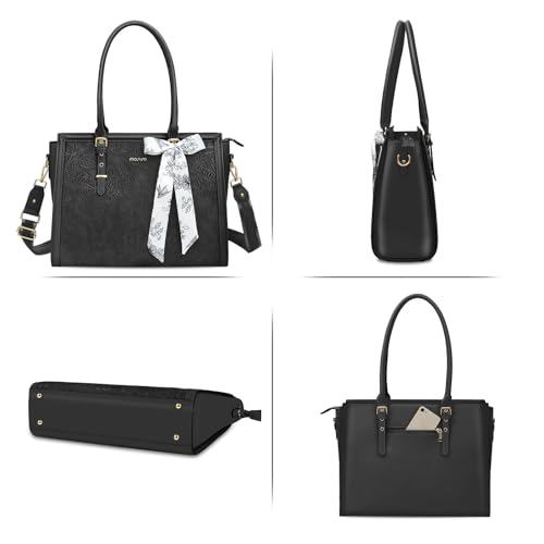 MOSISO Laptop Bag for Women, 15.6-16 inch PU Leather Tote Bag | Compatible with MacBook, HP,Dell,Asus, Front Embossed Retro Hibiscus Computer Bags with Silk Scarf&Clutch Purse, Black - color: Black, size: 16 inch