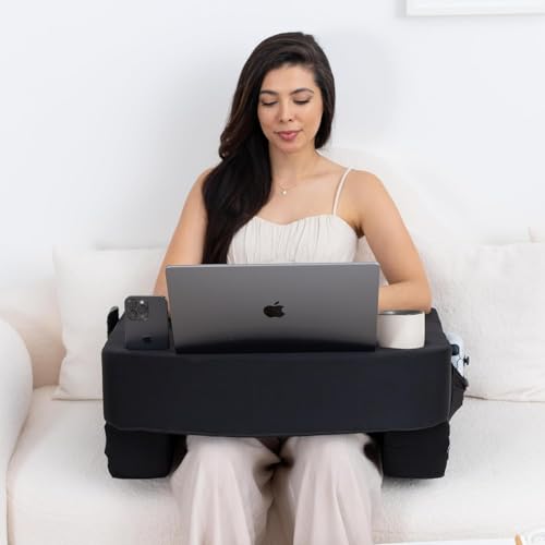 TabCouchCaddy Reading Pillow for Gaming – Extra Large Lap Desk & Arm Rest with Cup & Phone Holder, Adjustable Heights, Laptop Support, Large Pockets – Comfortable for Work, Gaming & Crocheting (Black) - color: Black