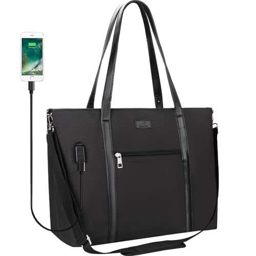 Laptop Tote Bag for Women 17.3 Inch, Water-resistant Work Bag with USB Charging Port & 15 Pockets, Travel Computer Shoulder Purse for Teacher Office Business - color: 02-black
