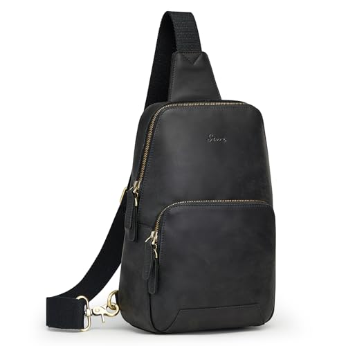 S-ZONE Sling Bag for Men Women RFID Blocking Genuine Leather Crossbody | Top Grain Leather, Vintage Chest Bag, Hiking Daypack Travel Outing Shopping, Anti-theft, Multi Pockets - color: Black