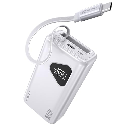 RORRY Laptop Power Bank, 25000mAh 65W Portable Charger Retractable Cables | Battery Bank,PD,Fast Charger,for iPhone 17/16/15 Series,for MacBook,for Samsung,for Dell,for XPS, for iPad,for Steam Deck - color: White