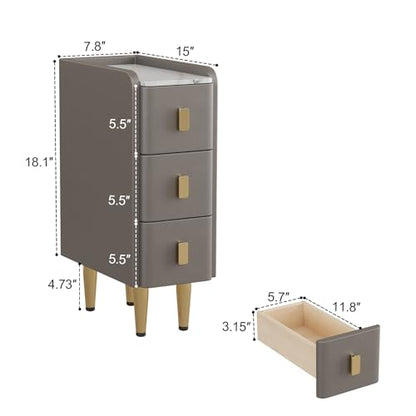 AQIMUELE Narrow Nightstand with Drawers, Narrow Side Table Leather, Small Bedside Tables for Bedroom. (Dark Gray) - color: Dark Gray, size: 7.8"W x 15"D x 22.8"H
