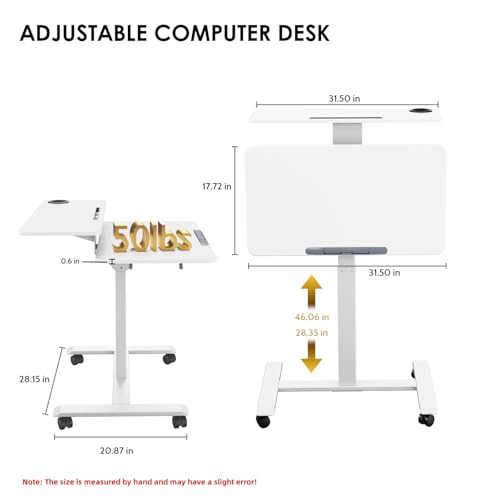 Pneumatic Standing Desk with Wheels - Adjustable Height 28" - 46" & 0-90° Tilt, 31.5" x 17.7" Skin-Feel Desktop, Rolling Computer Desk for Home Office, Hospital, School (White) - color: White