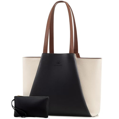 LOVEVOOK Laptop Tote for Women - 15.6 Inch Faux Leather Laptop Bag with Clutch, Large Capacity Office Purse Computer - color: Beige & Black, size: 15.6 inch