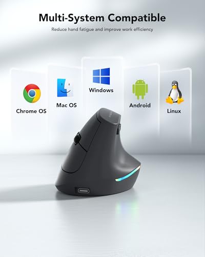 Wireless Ergonomic Mouse, Rechargeable Bluetooth Vertical Mouse for Laptop/Computer/Ipad/Mac, Quiet Click, 10 Color LED, 5 Adjustable DPI, Wrist Strain Relief, USB-A Optical Mice for M/L Hands, Black