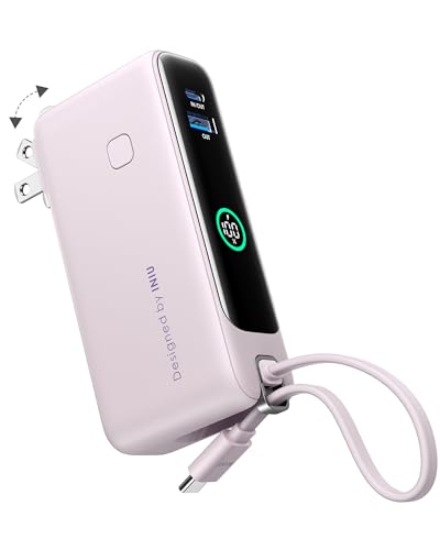 INIU 3-in-1 Portable Charger, Small 10000mah 30W Fast Charging Power Bank with Built-in USB C Cable and Foldable AC Plug, Flight Family Travel Essentials for College Students Teen Boys Girls, Purple - color: Purple