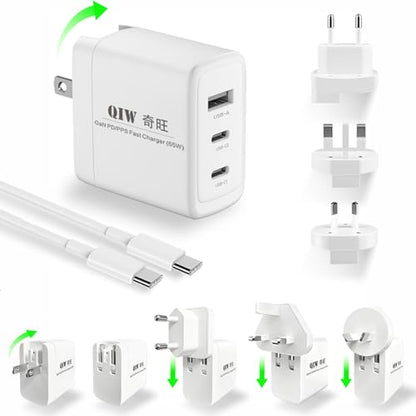 65W GaN PD/PPS USB-C Travel Wall Charger, Interchangeable US/EU/UK/AU Detachable Plugs, 3.9ft USB-C Charging Cable, Universal Fast Travel Adapter Compatible with MacBook, iPhone, Laptops & Tablets