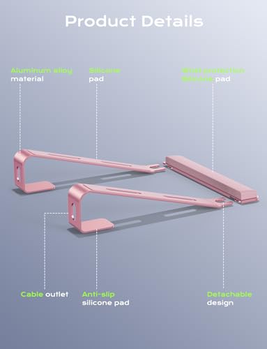 JCZT Aluminum Laptop Stand, Notebook Stand with Wrist Rest, Ergonomic Detachable Laptop Mount, Computer Stand Compatible with 10-17'' All Laptops Such as MacBook Air Pro/HP/Dell/Lenovo, Pink - color: Pink