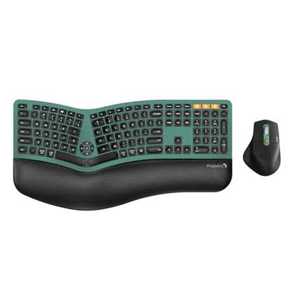 ProtoArc EKM01 Plus Wireless Ergonomic Keyboard Mouse Combo - Green | Full-size Split Keyboard with Cushioned Wrist Rest, Ergonomic Mouse, 3-Device Bluetooth/2.4G, USB-C Rechargeable - color: Green