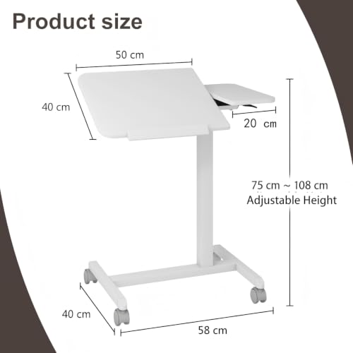 PUNCIA 28" Overbed Table with Split Tilting Desktop,Pneumatic C Table,White | Mobile Laptop Desk for Bedside, Height Adjustable End Table with Wheels, Computer Cart for Home Sofa Office & Hospital Use - color: White