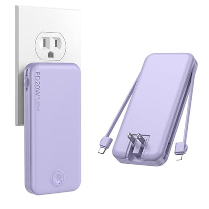 Nusyddy Portable Charger 10000mAh Fast Charging w/Built-in Wall Plug Purp. | PD20W Fast Charging, LED Indicator, Pass Through Charging, TSA Approved, Compact/Slim, Power Bank for iPhone/iPad/Samsung - color: Violet