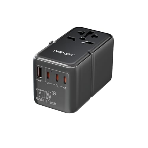 MINIX 170W Universal Travel Adapter GaN III Travel Adapter Worldwide with 3 USB-C & 1 USB-A Ports, International Power Adapter Compatible with US/UK/EU/AU for Laptops, Tablets, Phones, Cameras - style: 170W-Fast Charge
