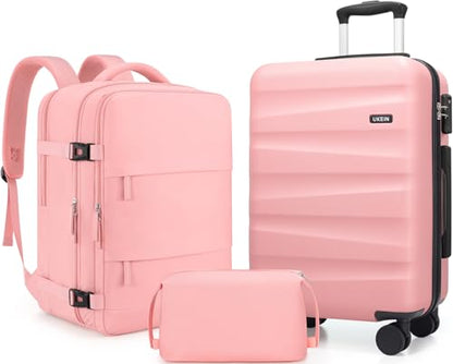 UKEIN Luggage Set with Backpack,Hardshell Carry On Luggage Airline Approved | 20inch Suitcase Set with 360° Smooth Spinner Wheels,TSA Lock,YKK Zippers,Lightweight 3 Piece,Polycarbonate - color: Pink, size: Carry On 3 Piece Set (20inch)