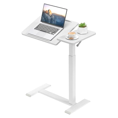 Adjustable Overbed Bedside Table with Hidden Wheels, Pneumatic Tilt Board Rolling Laptop Standing Desk Cart, Mobile Over Bed Sofa Chair Side End Tables, Walnut (White) - color: White