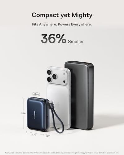 Baseus PicoGo AC22 Mini Power Bank, 20000mAh 45W PD Portable Charger Built-in USB-C Cable, Travel Essential Compact Battery Pack, Fast Charging Battery Bank for iPhone 17/16/15 Samsung S25 Pixel iPad - size: 20000mAh