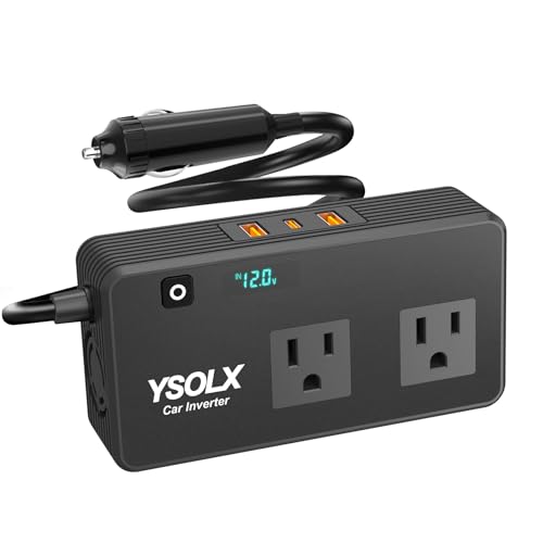 YSOLX 300W Car Inverter Power Outlet Dual AC Car Plug Adapter Outlet | For camping & road trips, 24W USB C/A charge for devices, LED shows real-time voltage & battery status - color: Gray