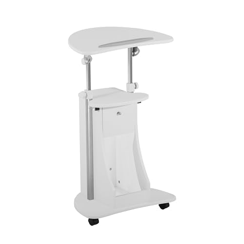 Techni Mobili Adjustable Height Rolling Laptop Cart with Storage, White | Adjustable height rolling laptop cart with storage, open shelf, wheels, sit‑to‑stand ideal for podium office medical use - color: White