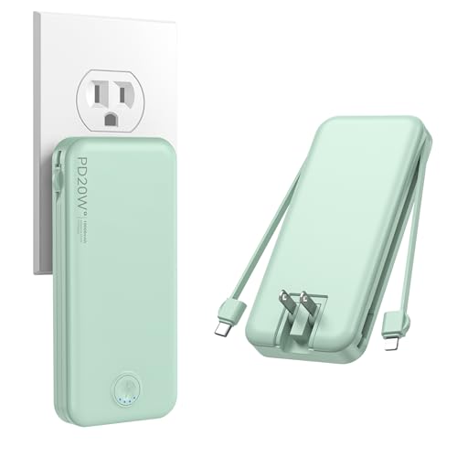 Nusyddy Portable Charger 10000mAh Fast Charging w/Built-in Wall Plug Green | PD20W Fast Charging, LED Indicator, Pass Through Charging, TSA Approved, Compact/Slim, Power Bank for iPhone/iPad/Samsung - color: Lime