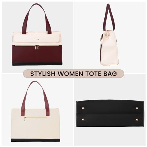LOVEVOOK Laptop Tote - 15.6 Inch Professional Leather Computer Briefcase - Waterproof Shoulder Bag - Large Capacity Business Teacher Office Bag - Crossbody Purse - color: 168# Dark Red/Off-white, size: 15.6 Inch