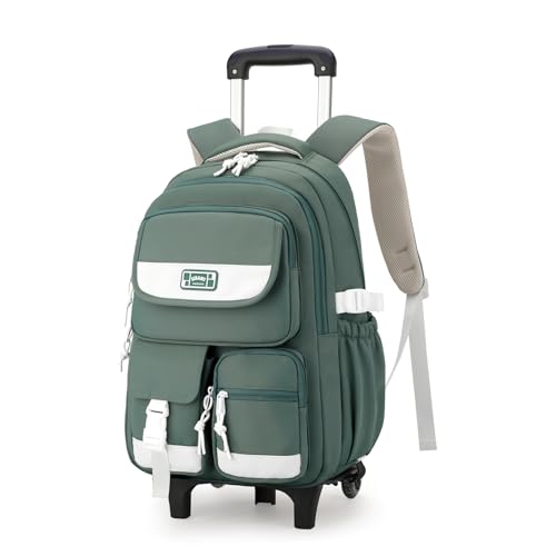 Solid Color Rolling Backpack for Girls Boys Cute Elementary school bag with wheels,Green Trolley Bags for Travel - color: B-green-2 Wheels, size: 2 Wheels