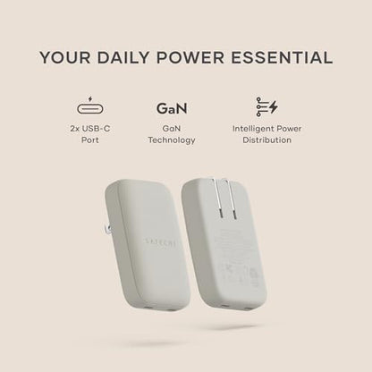 Satechi OntheGo 67W Wall Charger, GaN USB-C Fast Charging, PD 3.0+PPS, Sand | PD 3.0+PPS, dual-port power split (45W+20W), for MacBook, iPad, iPhone, Galaxy, Pixel, Steam Deck - color: Sand
