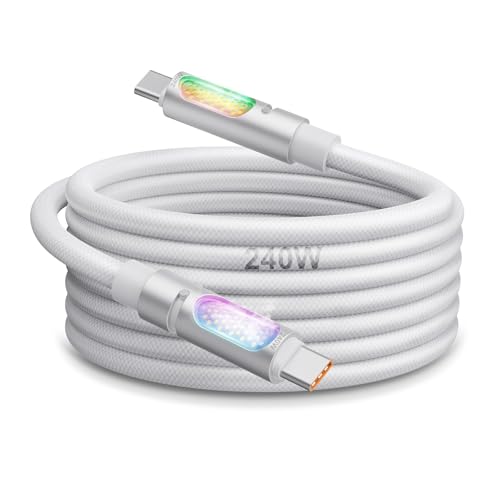 240W USB C to USB C Fast Charging Cable 4FT, LiquidSilicone Braided with Aromatherapy & RGB, E-Marker 480MbpsSync for iPhone 16/15 Pro Max,MacBook, Galaxy S24 Ultra,White