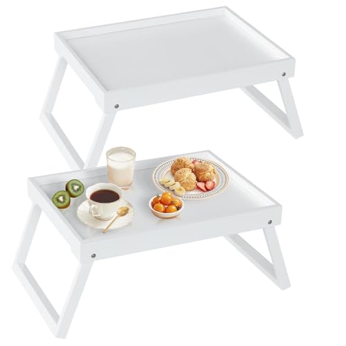 RRX Bamboo Bed Tray Table with Folding Legs, Breakfast Tray, 2 Pack (White) | Bed Trays for Folding Table Eating, Kitchen Serving, Food, Sofa, Snacking or Working, Laptop Desk Dinner, Snack Tray - color: White