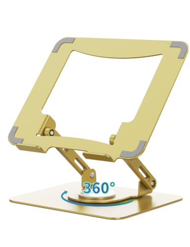 SOUNDANCE 360 Rotating Laptop Stand, Ergonomic Computer Riser for Desk, Adjustable Height Multi-Angle Metal Holder, Foldable Portable Notebook Elevating Base for Office & Home, Gold - color: Gold
