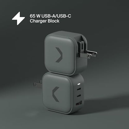 CLEMM Core USB-C, USB-A Wall Charger Block Power Adapter for MacBook, iPhone 17/16/15/14/13/12/11/X, Galaxy S24 Ultra/S23 65W Output Fast Charging, Foldable, GaN, PPS, 3.0, 3-Ports, Compact, Gray