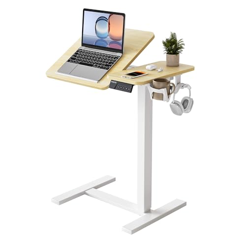 YIHAYO Electric Adjustable Overbed Bedside Table with Wheels, 24 x 16 Inches Mobile Standing Desk, Laptop Desk, Movable Overbed Tables Hospital Home Use, Natural - color: White Frame/Natural Top, size: 24*16 Inch