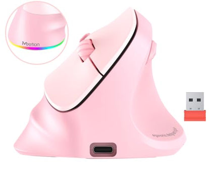 MEETION Ergonomic Wireless Vertical Mouse, Rechargeable, Pink | Bluetooth 5.2 + 3.0 and USB connectivity, RGB backlight, 4 DPI adjustment, compatible with Windows, Mac, Android, PC and iPad - color: Right Pink