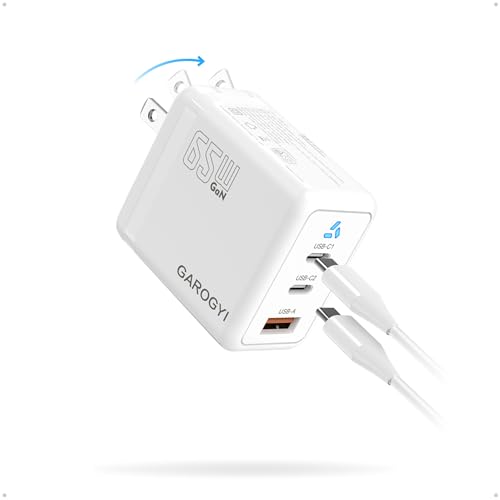 USB C Charger 65W, 3 Ports GaN Fast Charger Block, Compact Foldable Wall Charger with USB-C Cable for iPhone 16 Pro Max, iPad, MacBook Pro/Air,Galaxy S24,Dell XPS 13,Pixel 8 and More (White) - color: White