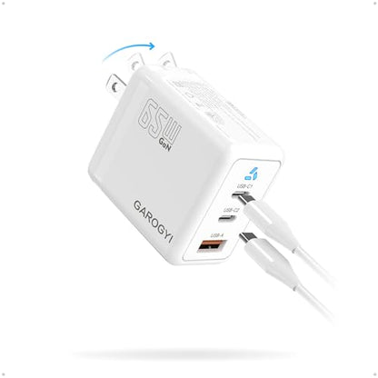 USB C Charger 65W, 3 Ports GaN Fast Charger Block, Compact Foldable Wall Charger with USB-C Cable for iPhone 16 Pro Max, iPad, MacBook Pro/Air,Galaxy S24,Dell XPS 13,Pixel 8 and More (White) - color: White