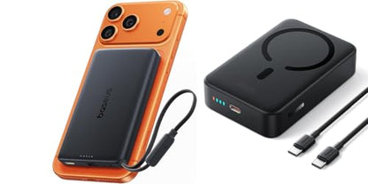 Baseus Picogo AM52 MagSafe Power Bank, Qi2.2 25W 10,000mAh 0.6" Slim Built-in 45W USB-C Cable, Bundle with 20000mAh Wireless Portable Charger for iPhone 17/16/15/14/13/12