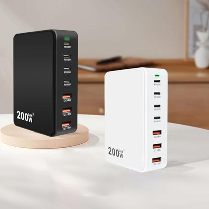 USB C Charger Station 200W PD QC3.0 GaN Fast Charging Block 7 Port (White) | Compatible with Laptop MacBook Pro/Air, iPad, iPhone 17/16/15 Pro/Air Mini, Galaxy S23/22, DELL, Steam Deck - color: white