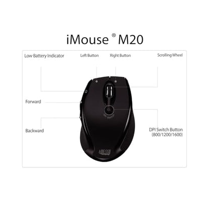 Adesso iMouse M20B - Wireless Ergonomic Optical Mouse, Black