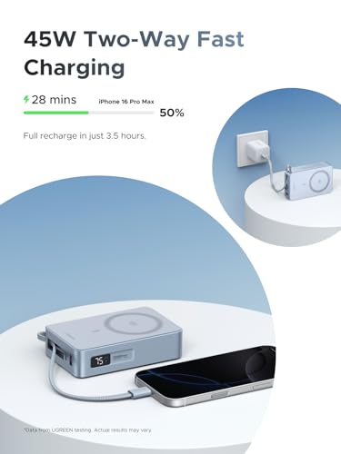 UGREEN Qi2 25W Wireless Power Bank, Built-in Cable, 30W PD Wired MagSafe | Qi2 25W wireless & 45W PD wired, built-in cable. High-capacity 20000mAh. MagSafe