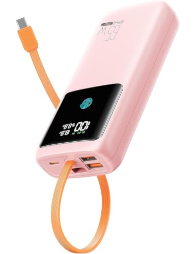 Portable Laptop Charger 24000mAh 65W w/USB C Built-in Cable Pink | 65W Fast charging, LED display, Charge 4 devices at once, Pass through, TSA approved, Compatible with Macbook/Notebook/iPhone - color: Pink
