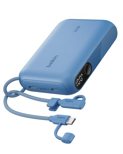 Belkin Portable Charger, Slim USB-C Power Bank 10,000mAh w/ 2 USB-C Ports, Digital Battery Display, 20W Charging Battery Pack - iPhone 17, Air, Pro, Samsung Galaxy S25, Pixel 10, iPad, & More - Blue - color: Blue, style: 10K mAh