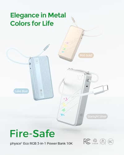 Eco RGB 3-in-1 Power Bank 10K, 9,600mAh 30W Portable Charger, Built-in USB-C Cable and Foldable Plug, Fast Charging Battery Pack, Travel Essential for iPhone 16/15, MacBook (Starlight Silver)