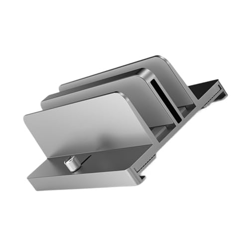 KOMBIUDA Aluminum Adjustable Dual-Slot Vertical Laptop Stand Tablet Base Holder Gray for Desk Organization and Space Saving