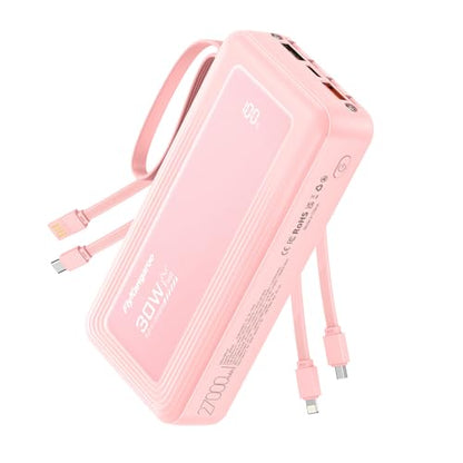 Portable Charger 27000mAh 30W Fast Charging Power Bank | Built-in Cables, LED Display, 6 Outputs & 2 Inputs, USB C Battery Pack, Compatible with iPhone, Samsung, Google - color: Pink, size: 27000Mah