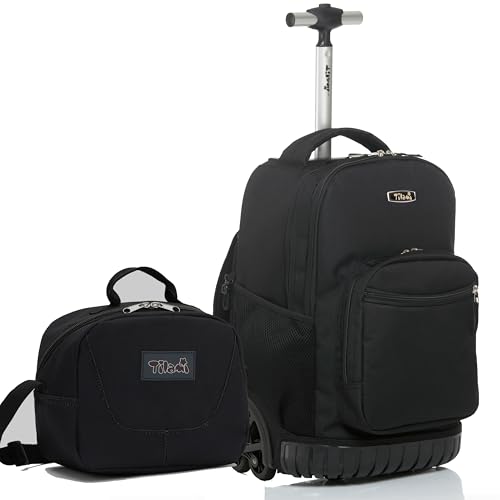NEW TILAMI 18 Inch Rolling Backpack with Lunch Bag for Girls Boys School | 6-Wheel Stair-Climbing Girls Boys Carry-on Suitcase Water-Resistant Adjustable Trolley Handle Wheels School Travel Camping - color: Black